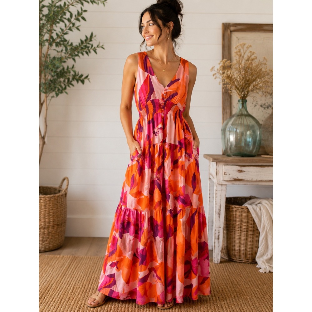 Taylor Womens Orange Pink Tropical Floral Tiered Smocked Maxi Dress Size 10